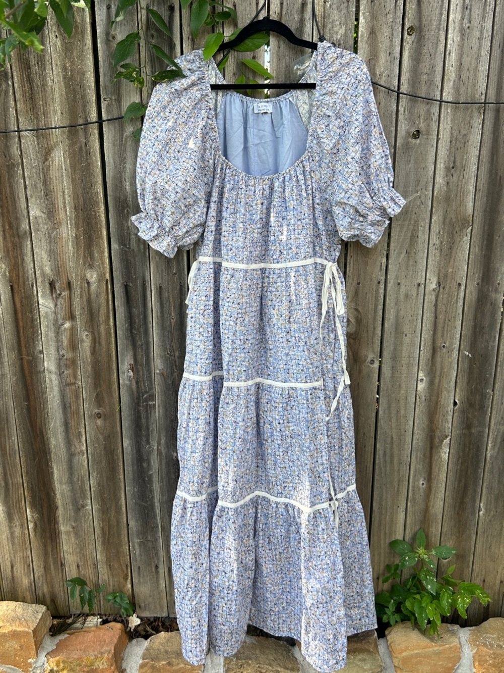 Light Blue Floral Tiered Maxi Dress with Puff Sleeves Zoco